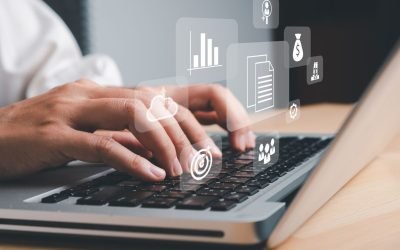 Enterprise Resource Planning ERP, document management concept with icons on virtual screen, Business woman working with laptop computer with icons on virtual screen on office desk.